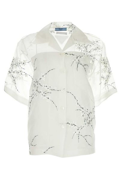 Prada Floral-Embroidered Drop Shoulder Sheer Shirt