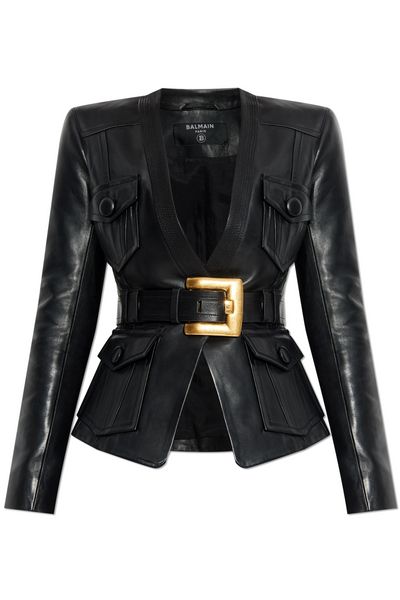 Balmain 1-Button Belted Leather Jacket