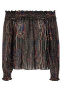 Saint Laurent Off-Shoulder Smocked Blouse