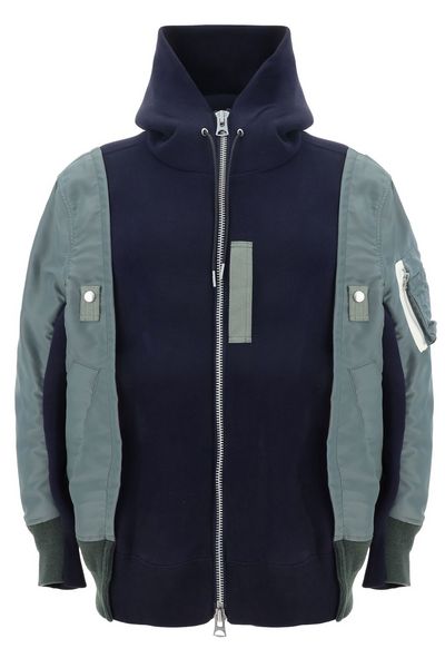 Sacai Panelled Zip-Up Drawstring Hoodie