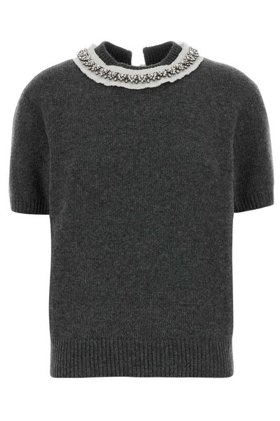 Prada Embellished Collar Short-Sleeved Knitted Jumper