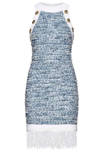 Balmain Fringed Denim Tweed Dress