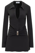 The Attico Long Sleeved V-Neck Gathered Mini Dress